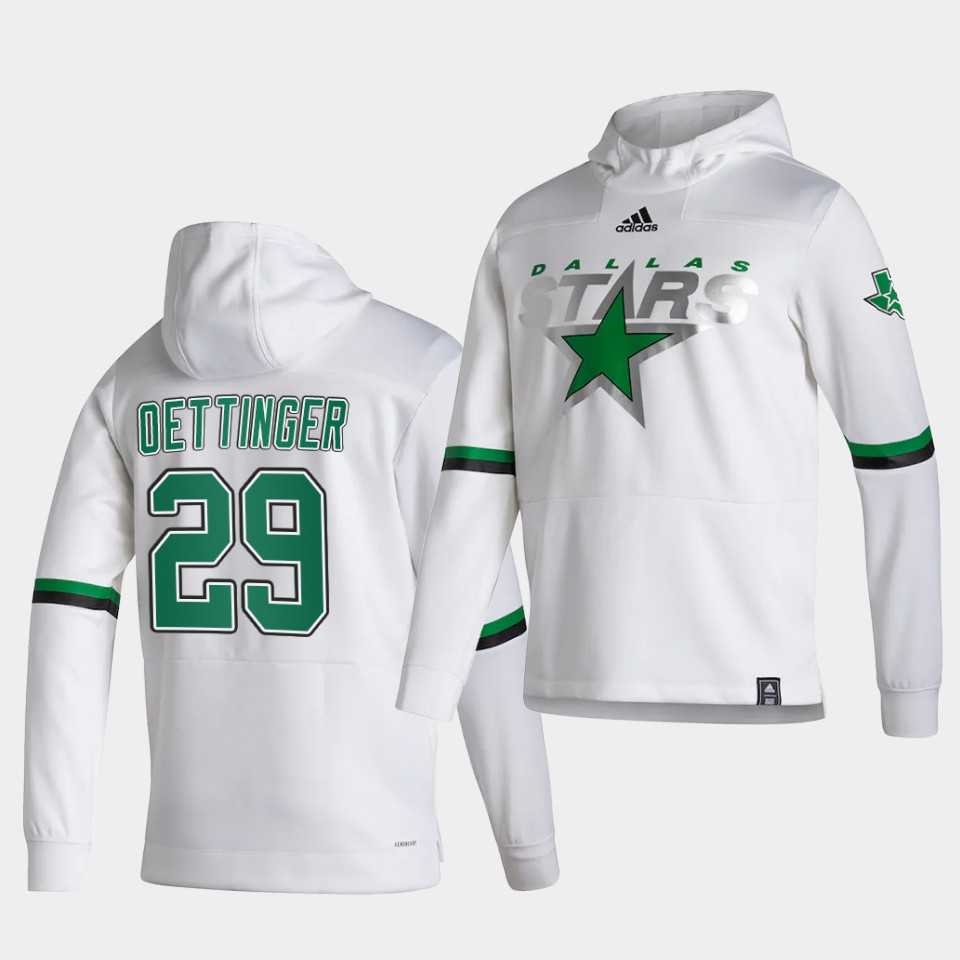 Men Dallas Stars 29 Oettinger White NHL 2021 Adidas Pullover Hoodie Jersey